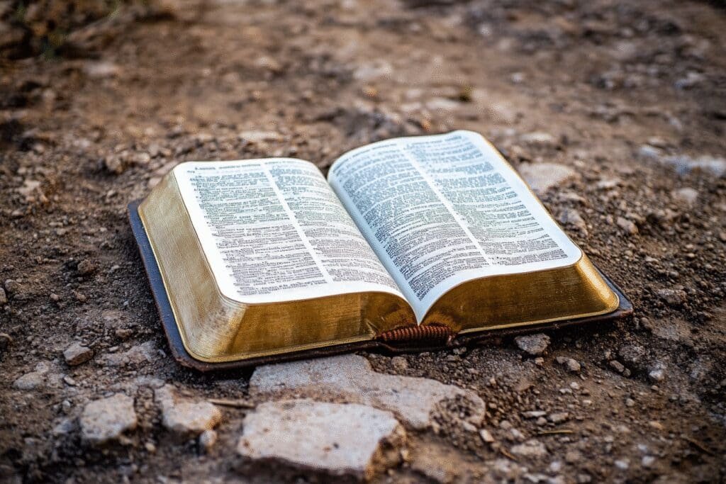 An open Bible resting on a solid foundation inscribed with historical and archaeological evidence, representing trustworthiness
