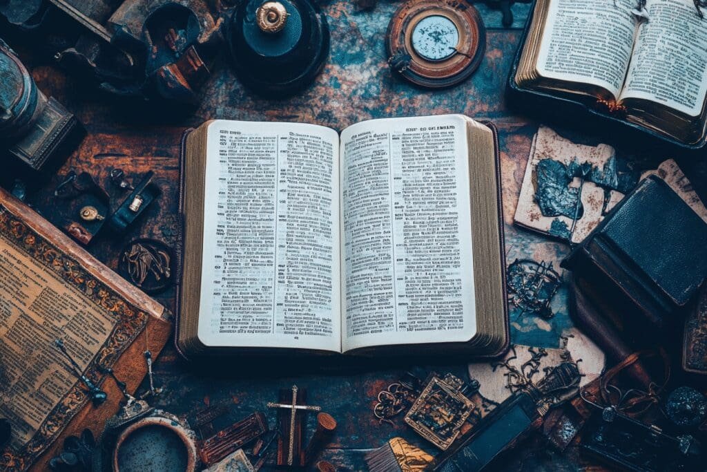 An open ESV Bible surrounded by subtle Protestant and Catholic symbols, representing the truth about its denominational affiliation
