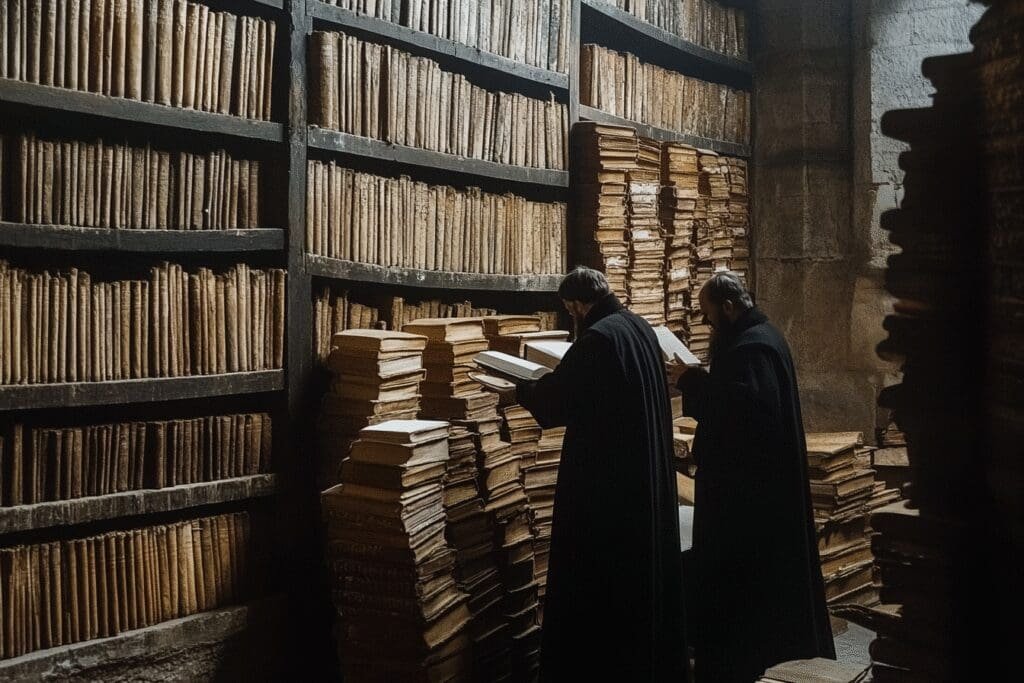Ancient scholars in a library, selecting and categorizing scrolls for the Bible's canonization