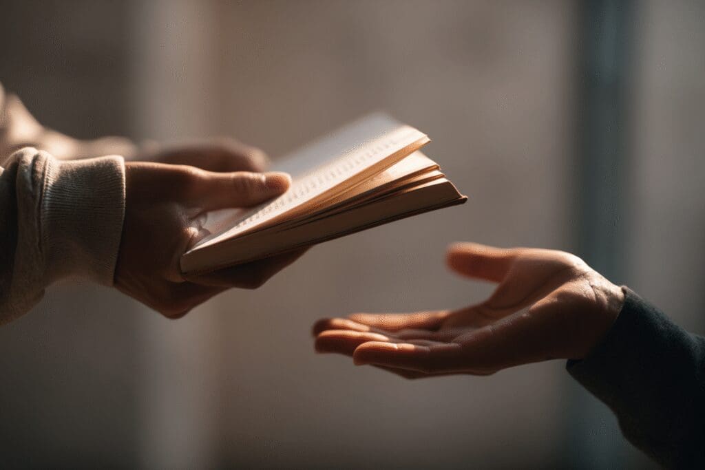 One person offering a book to another illustrating the FAQ on how to convince someone that the Bible is true
