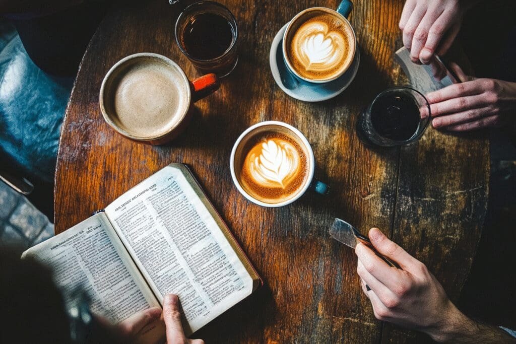 Two people planning a new Bible study group over coffee, representing a beginner's guide to getting started