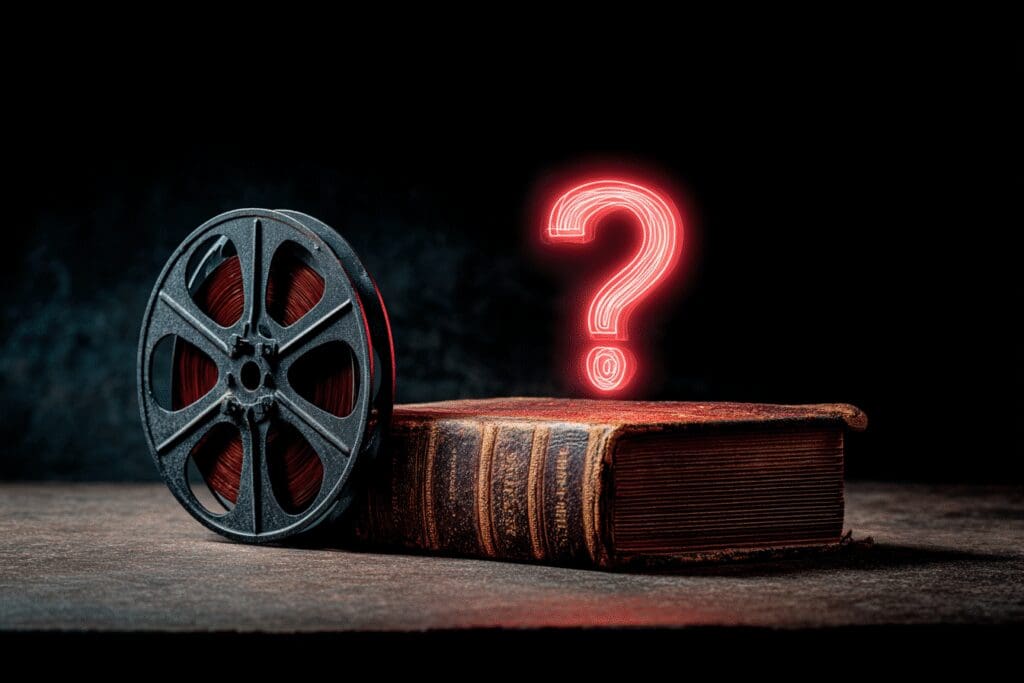 A film reel next to a Bible clarifying the FAQ on why was the Book of Eli removed from the Bible