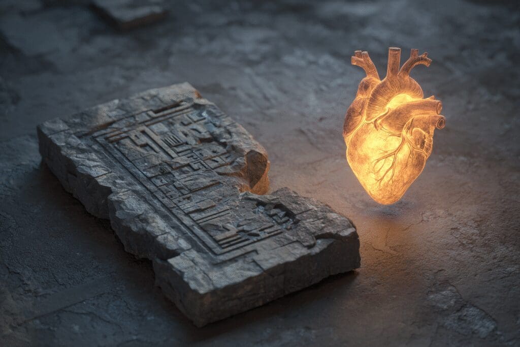 A glowing heart next to a broken stone tablet answering the FAQ on what is the New Covenant in the Bible