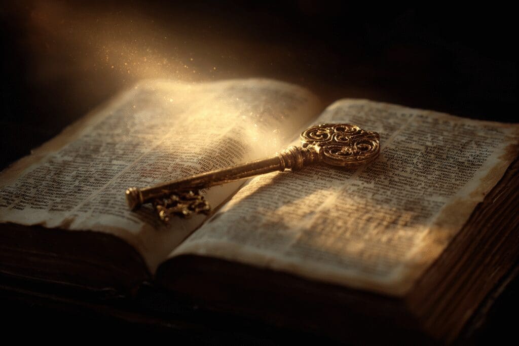 A key on an open Bible symbolizing the answer to the FAQ on what is the truth about the Bible