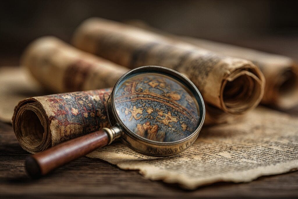 A magnifying glass focused on a specific scroll answering the FAQ on what is Sirach in the Bible