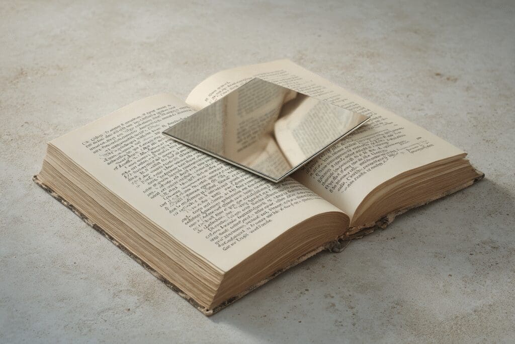 A mirror on a Bible reflecting itself answering the FAQ on what does the Bible say about itself