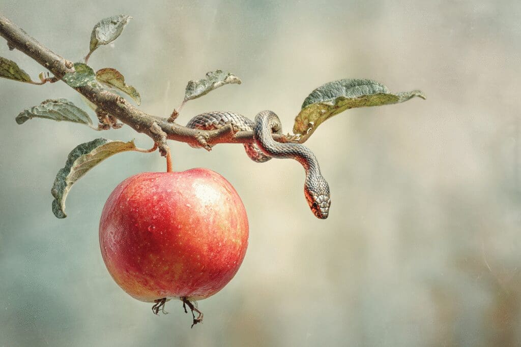 A serpent coiled near an apple illustrating the FAQ on what is temptation in the Bible