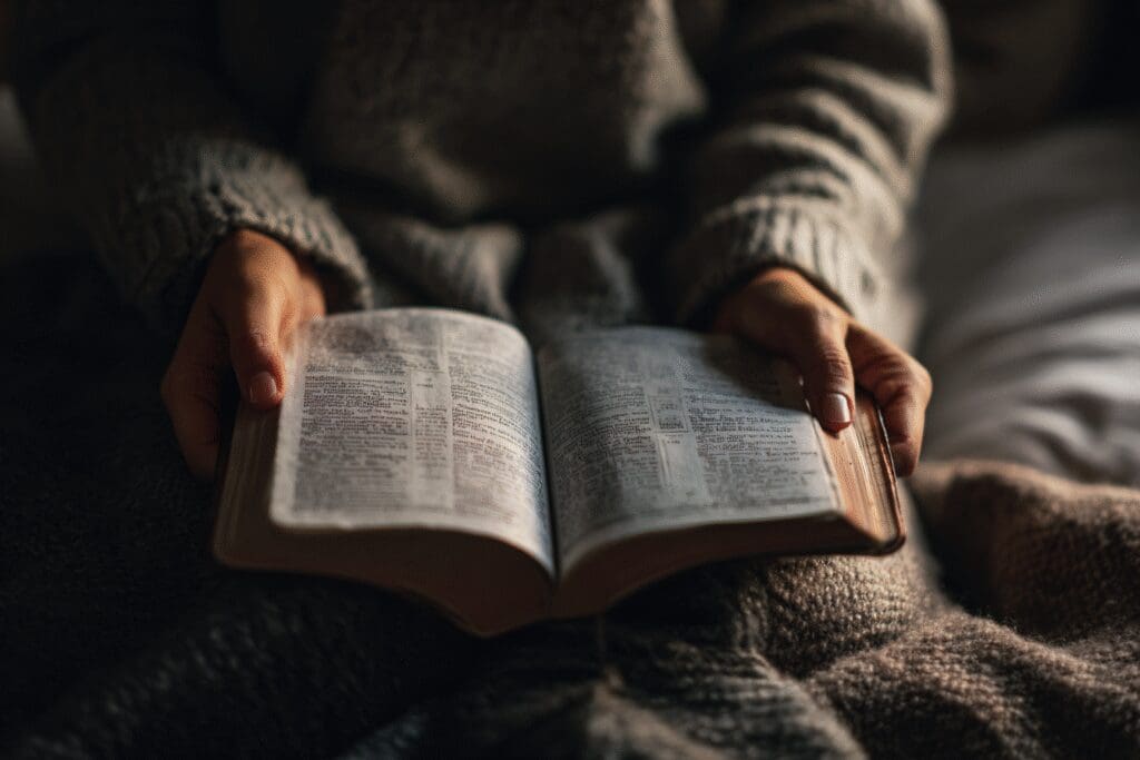 A womans hands on an open Bible illustrating the FAQ on where should a woman start reading the Bible