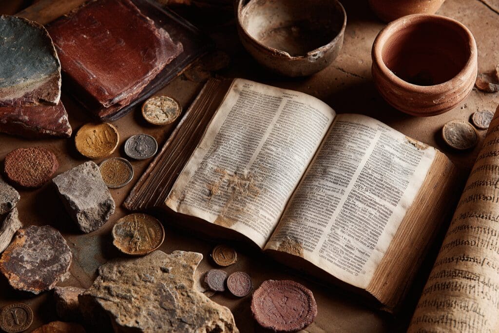 Archaeological artifacts next to a Bible representing the answer to the FAQ on what is the strongest evidence that the Bible is trustworthy