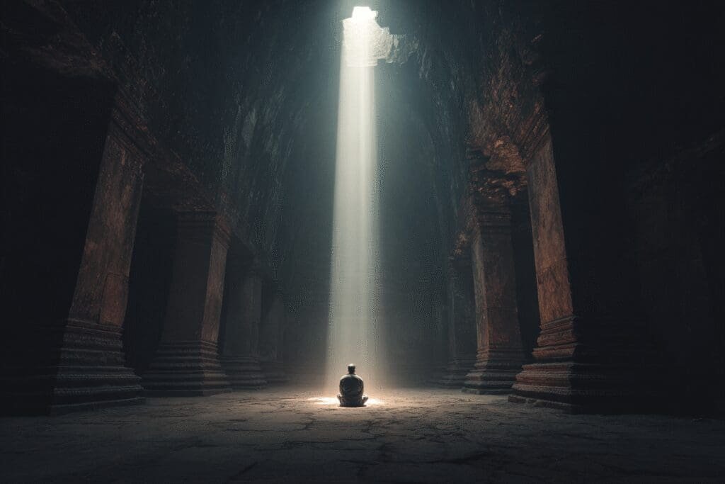 Image explaining what it means to fear God in the Bible showing a person in humble reverence and awe