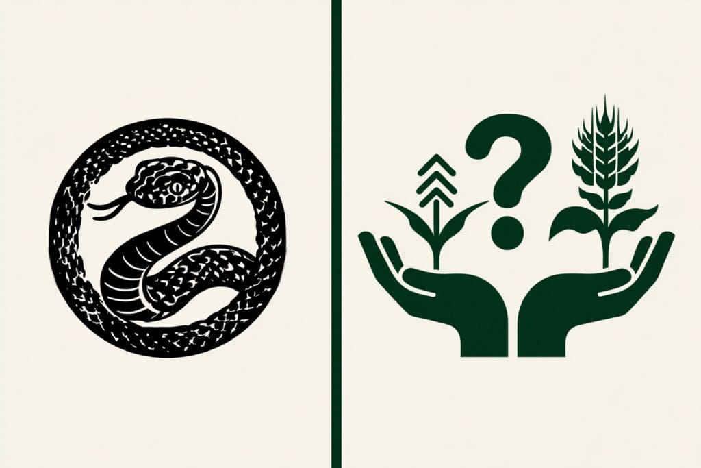 A comparison between a circular karma symbol and a linear sowing symbol answering the FAQ is Karma in the Bible