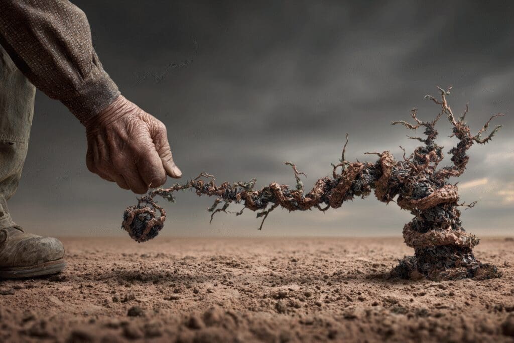 A person being entangled by the thorny vine they planted a visual for the FAQ on what goes around comes around Bible