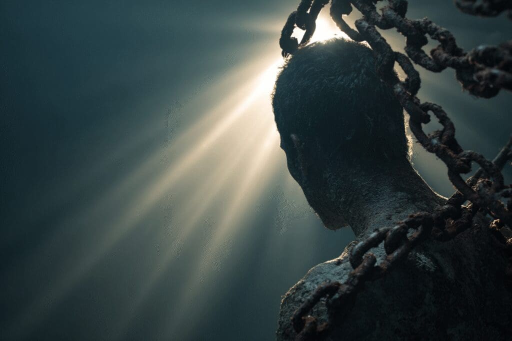 A ray of light shining through a broken chain answering the FAQ on what the Bible says about addiction