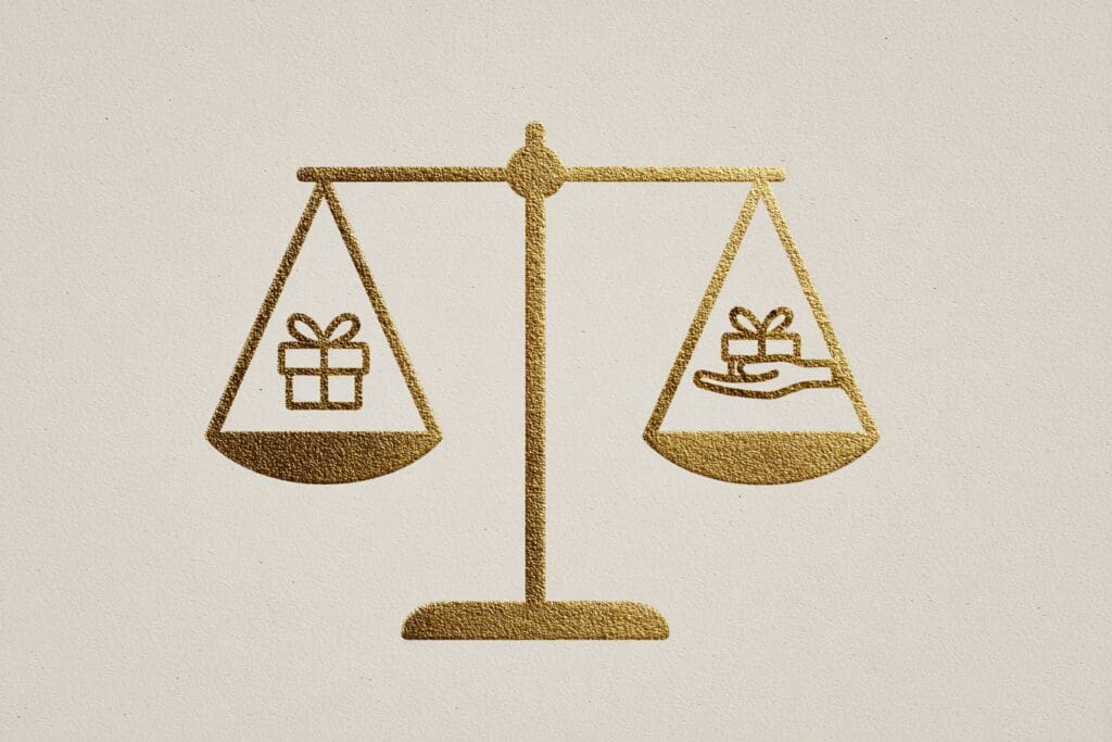 A scale balanced with giving and receiving a visual for the FAQ on the do unto others Bible quote