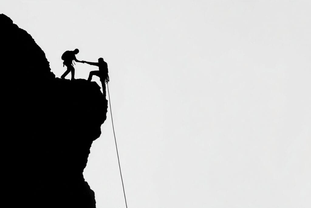 Two climbers roped together helping each other answering the FAQ on a faithful friend Bible verse