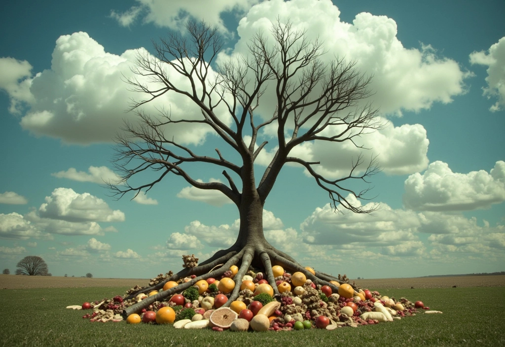 a barren tree feeding on a feast representing a starved soul which is what the bible says about gluttony