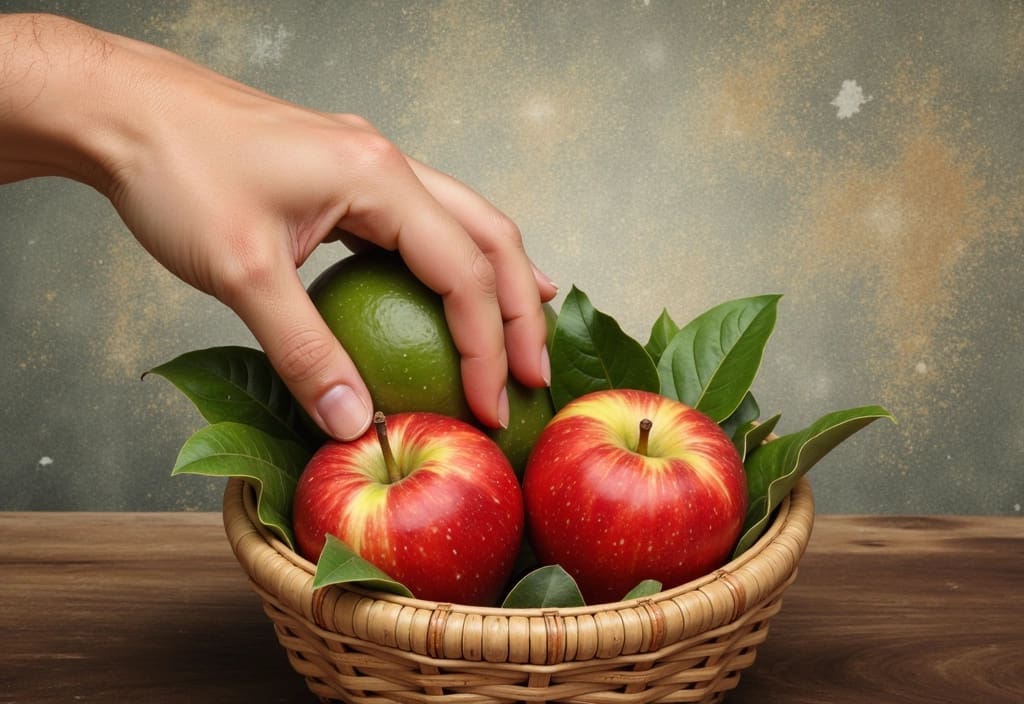a hand stealthily removing an apple from an unattended basket illustrating what the bible says about stealing