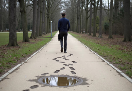 a person looking back at the messy footprints theyve left behind representing the weight of regret