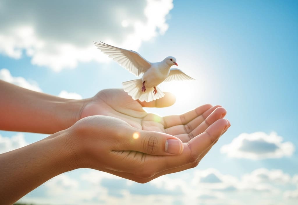 hands releasing a white dove into the sky illustrating the peace that comes from what the bible says about letting go