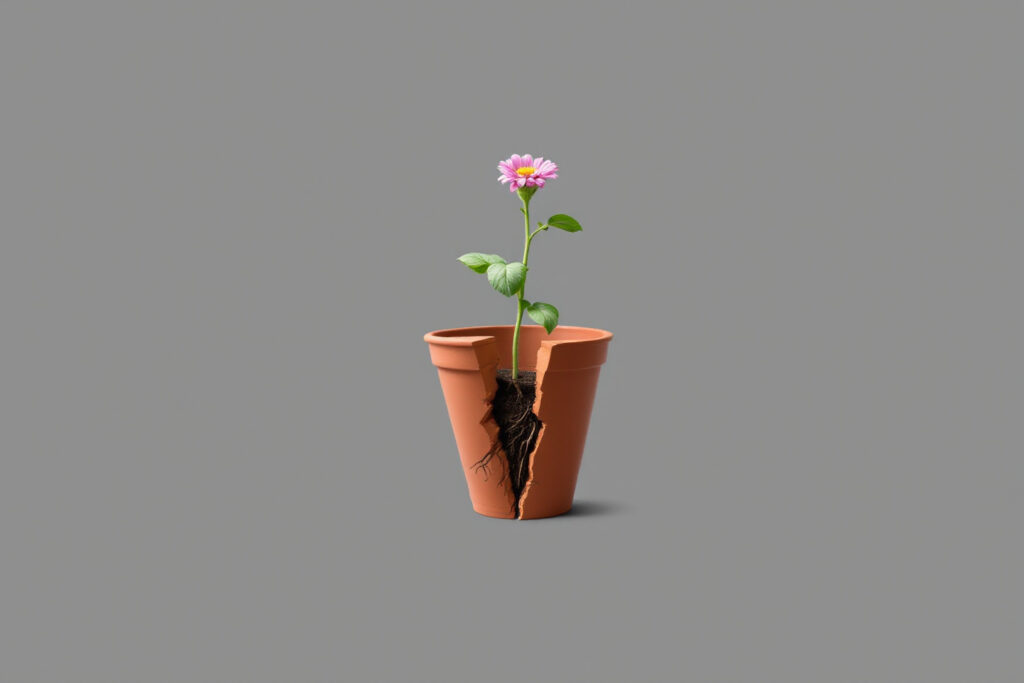 a single flower struggling to grow from a physically split pot symbolizing the division and difficulty inherent in polygamy as a sin according to the bible